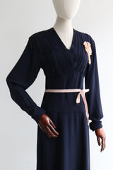 "Pleated Navy Silk" Vintage 1940's Navy Blue Silk Pleated Dress UK 12-14 US 8-10