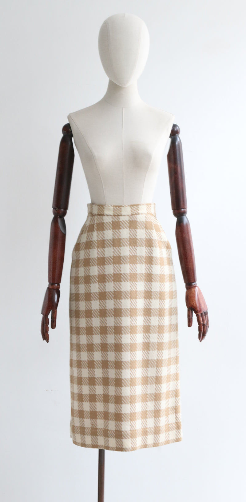 "Tan Check" Vintage 1960's Wool Check Print Skirt UK 8 US 4