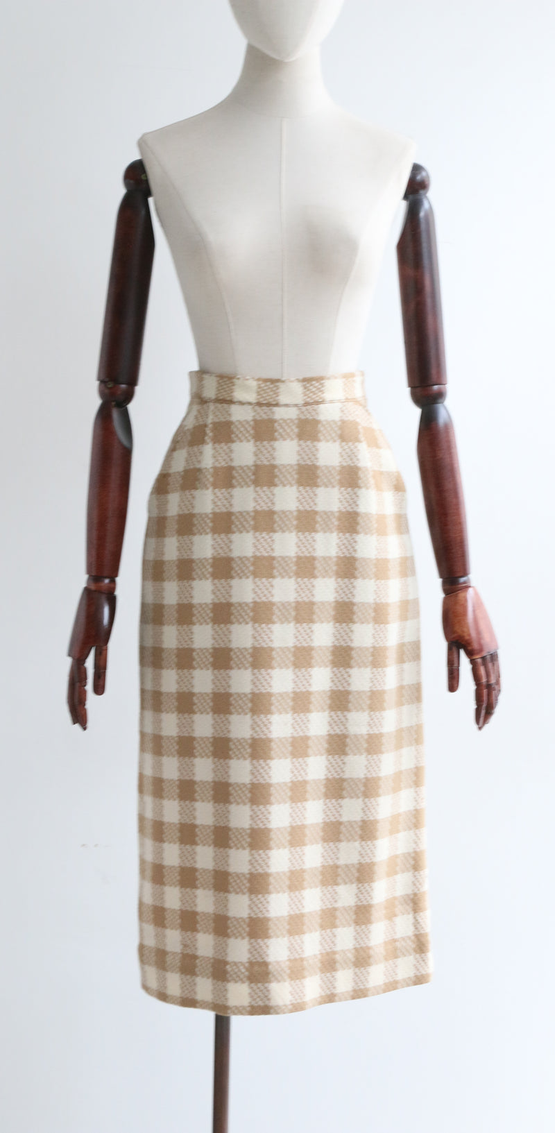 "Tan Check" Vintage 1960's Wool Check Print Skirt UK 8 US 4