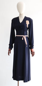 "Pleated Navy Silk" Vintage 1940's Navy Blue Silk Pleated Dress UK 12-14 US 8-10