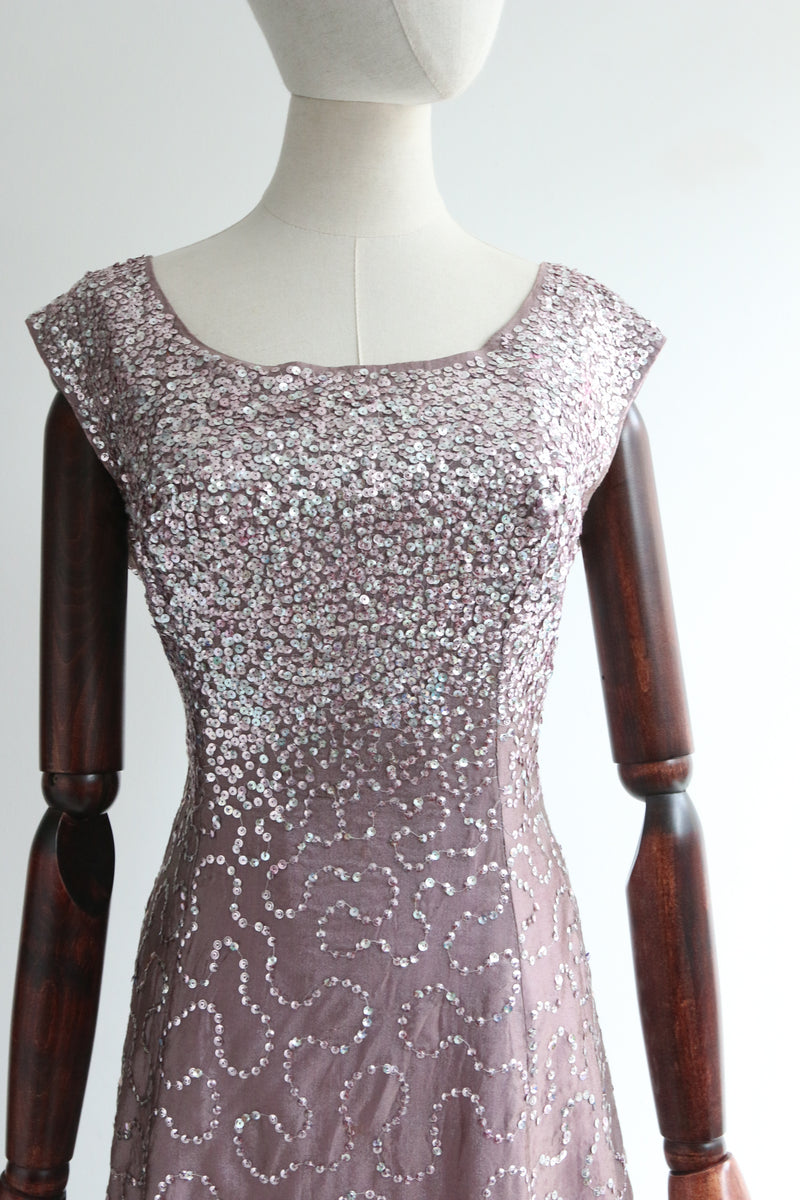 "French Lilac & Sequins" Vintage 1950's Sequin Embellished Evening Dress UK 12-14 US 8-10
