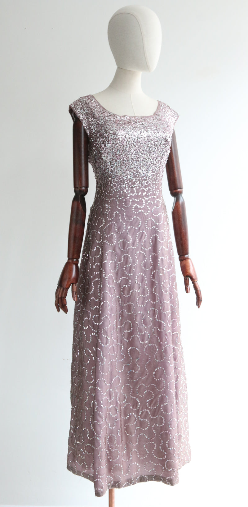 "French Lilac & Sequins" Vintage 1950's Sequin Embellished Evening Dress UK 12-14 US 8-10