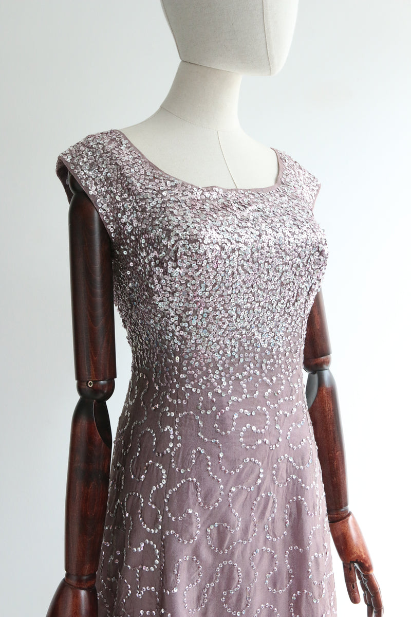 "French Lilac & Sequins" Vintage 1950's Sequin Embellished Evening Dress UK 12-14 US 8-10