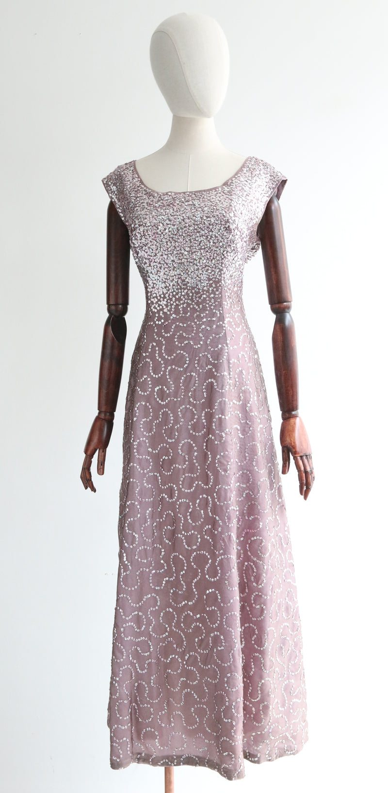 "French Lilac & Sequins" Vintage 1950's Sequin Embellished Evening Dress UK 12-14 US 8-10