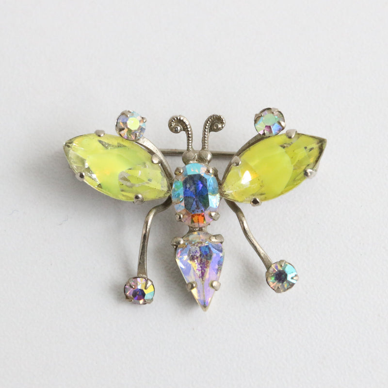 "Chartreuse Insect" Vintage 1950's Chartreuse & Iridescent Rhinestone Insect Brooch