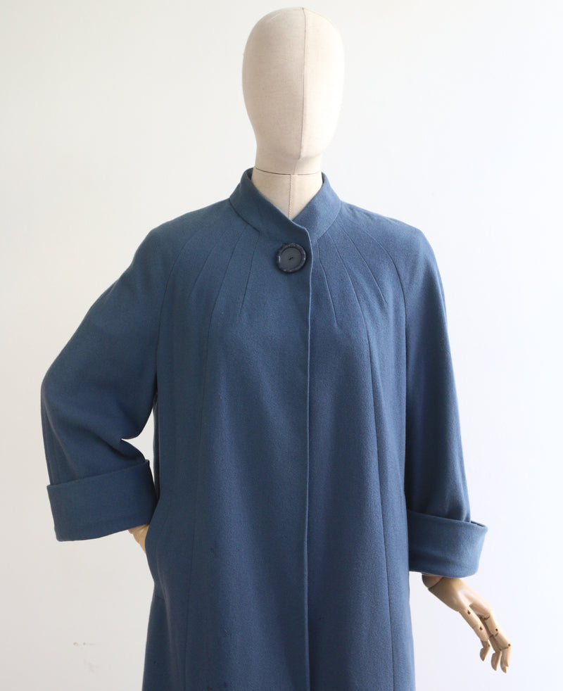 "Elgora" Vintage 1950's Blue Wool Raglan Sleeve Coat UK 12-14 US 8-10