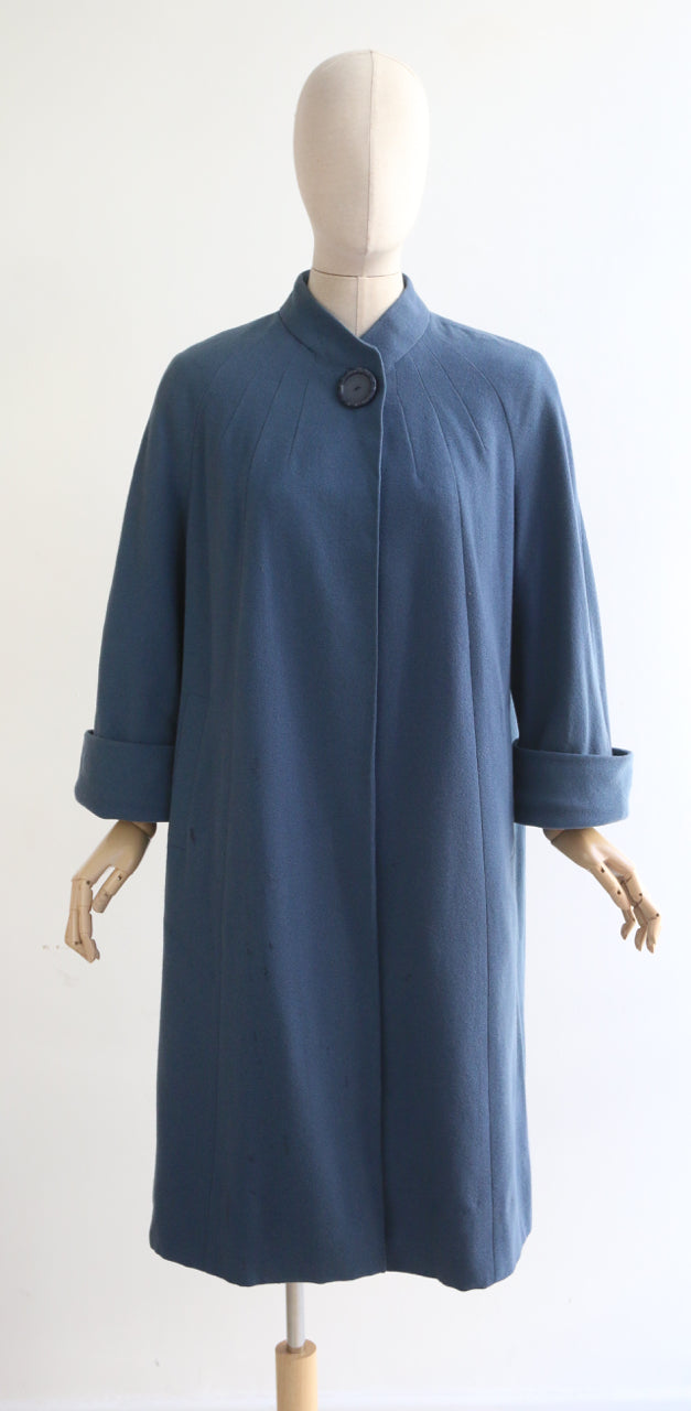 "Elgora" Vintage 1950's Blue Wool Raglan Sleeve Coat UK 12-14 US 8-10