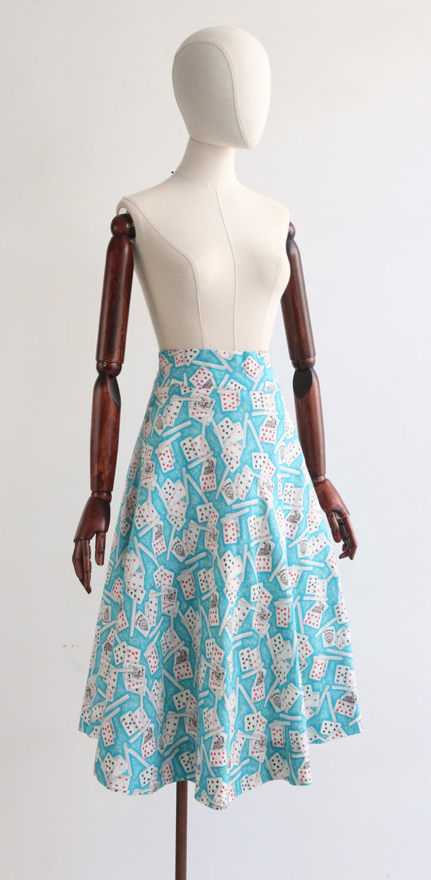 "Game Night" Vintage 1950's Cotton Novelty Print Game Night Skirt UK 10 US 6