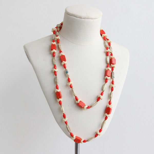 "Bright Orange Egyptian Revival" Vintage 1920's Bright Orange Neiger Bead Necklace
