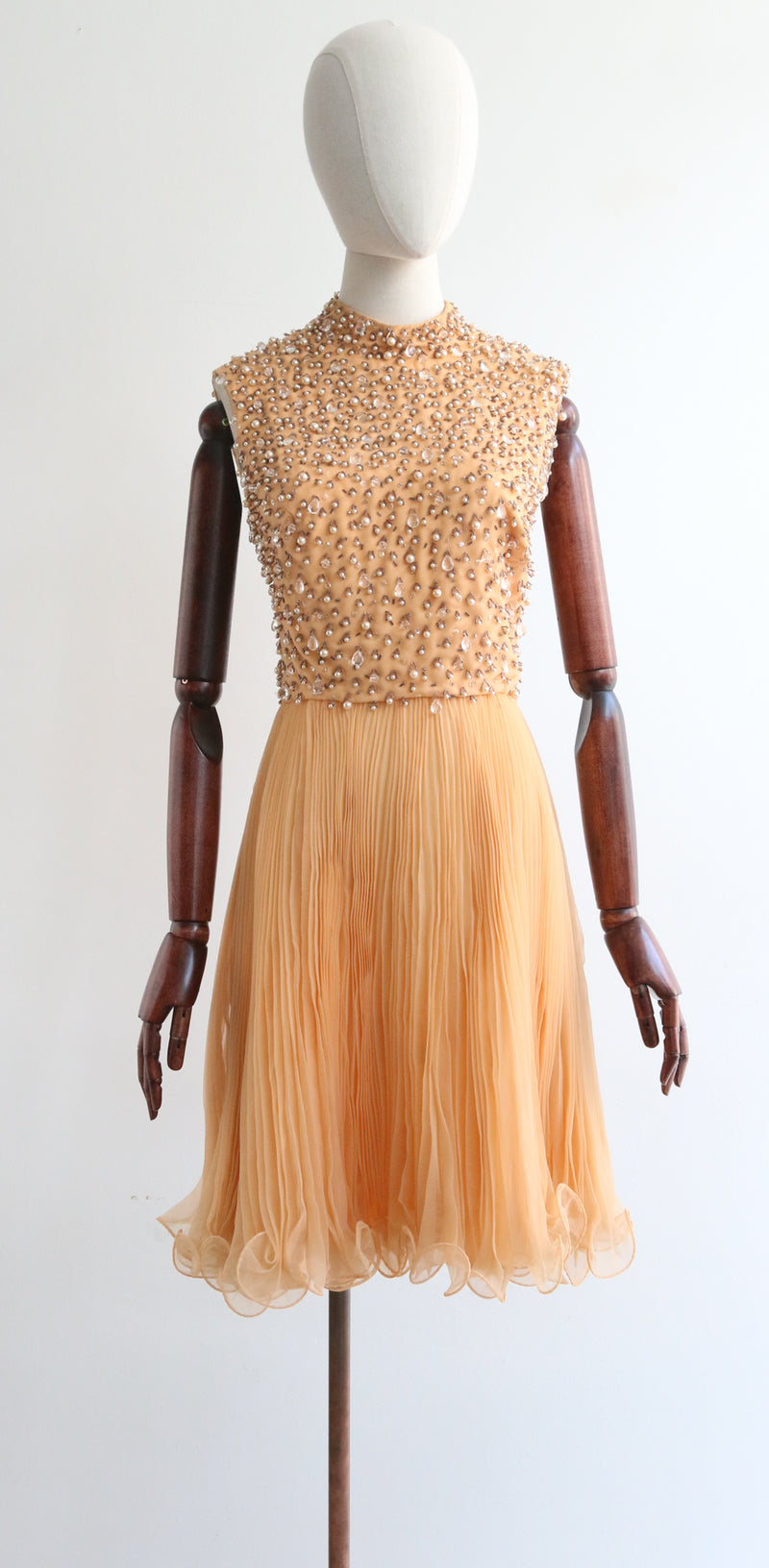 "Apricot Pleats" Vintage 1960's Beaded & Pleated Dress UK 8-10 US 4-6