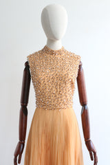"Apricot Pleats" Vintage 1960's Beaded & Pleated Dress UK 8-10 US 4-6