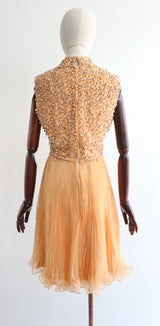 "Apricot Pleats" Vintage 1960's Beaded & Pleated Dress UK 8-10 US 4-6