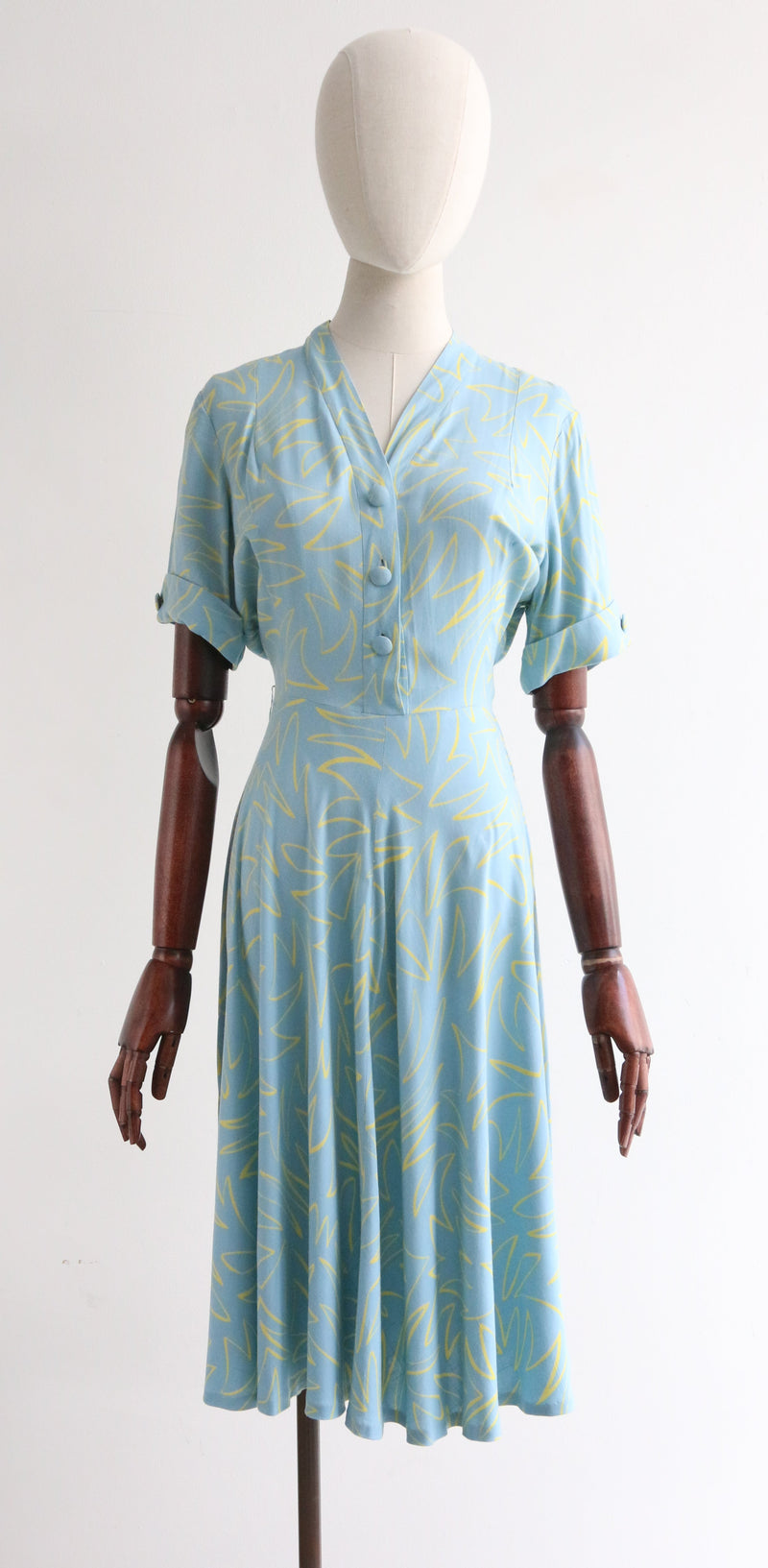 "Artist Sketch" Vintage 1940's Sky Blue & Yellow Abstract Dress UK 10-12 US 6-8