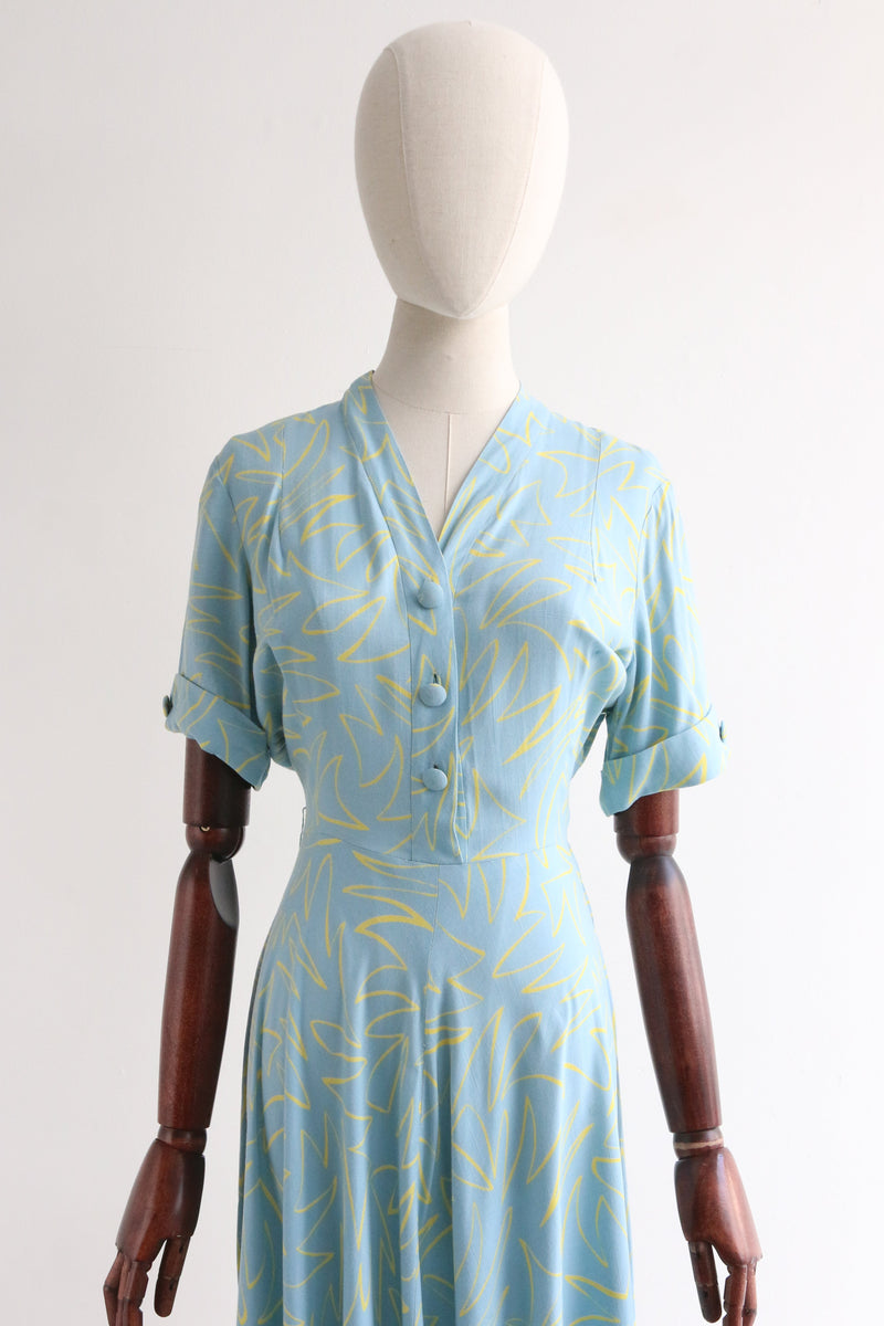 "Artist Sketch" Vintage 1940's Sky Blue & Yellow Abstract Dress UK 10-12 US 6-8