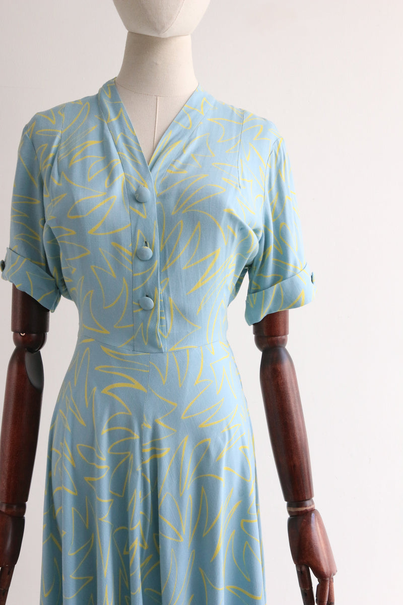 "Artist Sketch" Vintage 1940's Sky Blue & Yellow Abstract Dress UK 10-12 US 6-8