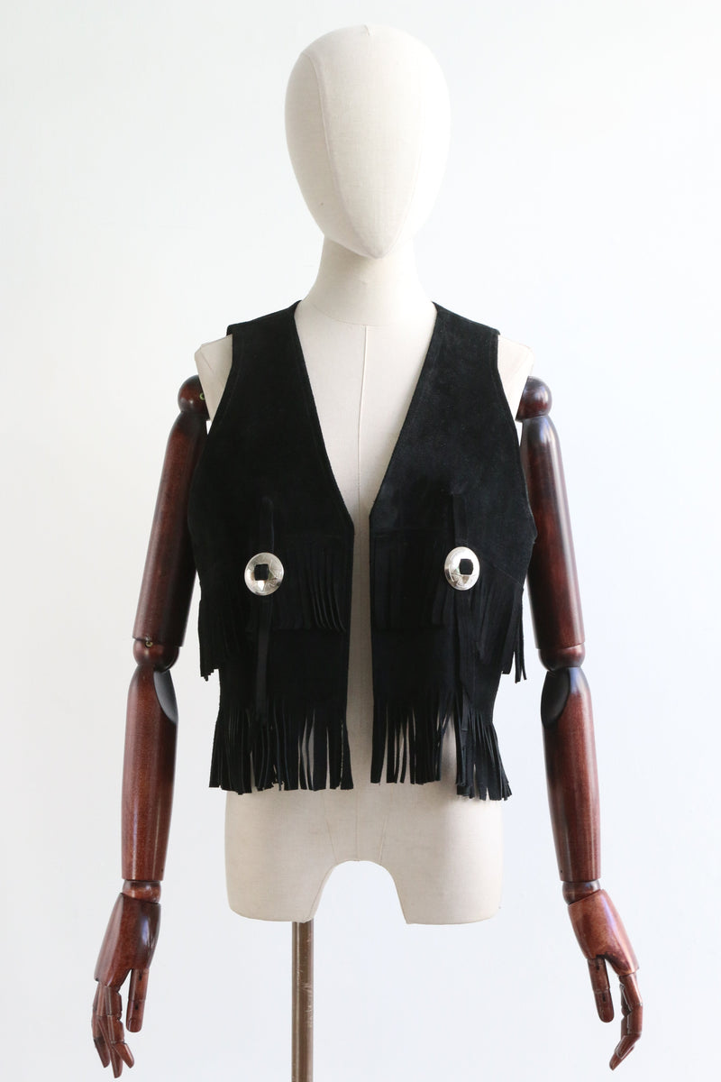 "Fringed Suede" Vintage 1970's Black Fringed Suede Waistcoat UK 12 US 8