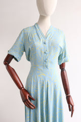 "Artist Sketch" Vintage 1940's Sky Blue & Yellow Abstract Dress UK 10-12 US 6-8