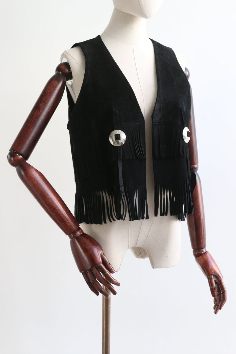 "Fringed Suede" Vintage 1970's Black Fringed Suede Waistcoat UK 12 US 8