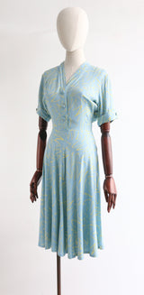 "Artist Sketch" Vintage 1940's Sky Blue & Yellow Abstract Dress UK 10-12 US 6-8