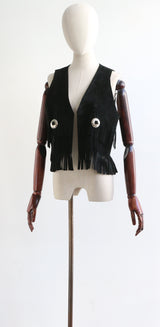 "Fringed Suede" Vintage 1970's Black Fringed Suede Waistcoat UK 12 US 8