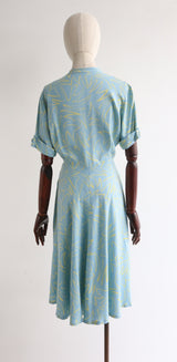 "Artist Sketch" Vintage 1940's Sky Blue & Yellow Abstract Dress UK 10-12 US 6-8