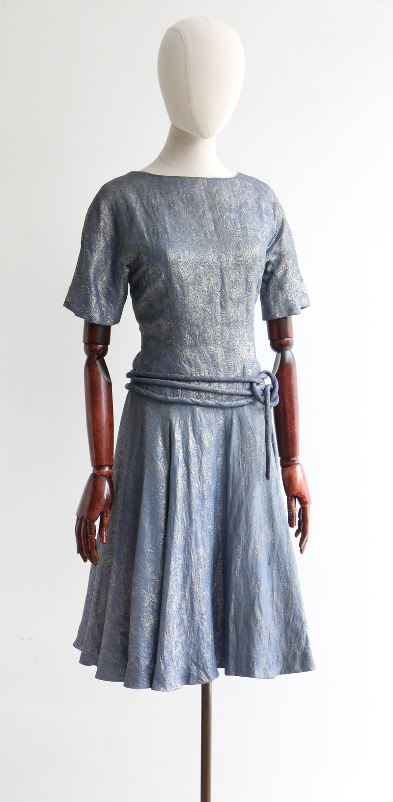 "Swirling Lamé" Vintage 1950's Silver & Blue Swirling Pattern Lamé Dress UK 10-12 US 6-8