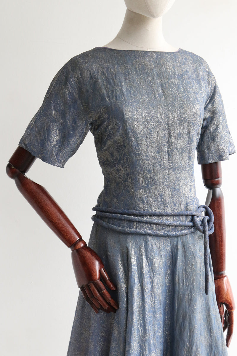 "Swirling Lamé" Vintage 1950's Silver & Blue Swirling Pattern Lamé Dress UK 10-12 US 6-8