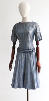 "Swirling Lamé" Vintage 1950's Silver & Blue Swirling Pattern Lamé Dress UK 10-12 US 6-8