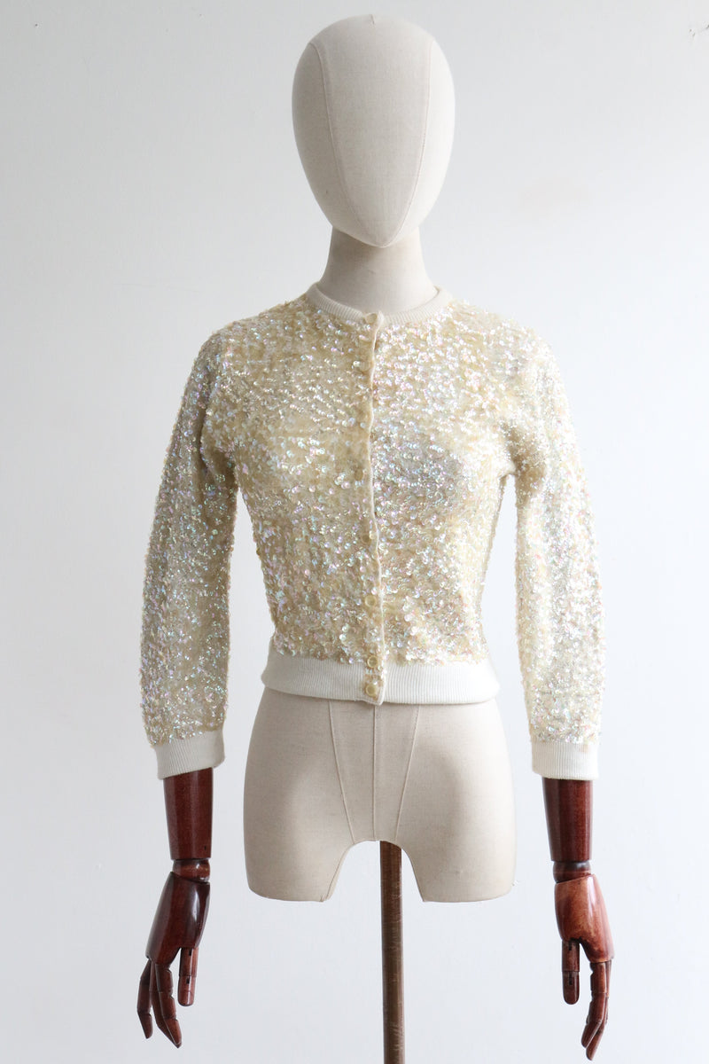 braxae S/M Iridescent Beaded Fringe Top // 50s 60s Sequin Embellished Ivory Vintage Crop Top