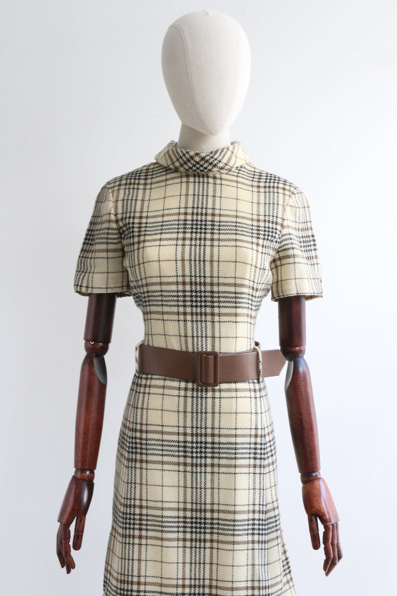 "Wool Check" Vintage 1960's Cream Wool Check Dress UK 12 US 8