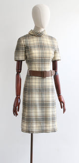 "Wool Check" Vintage 1960's Cream Wool Check Dress UK 12 US 8