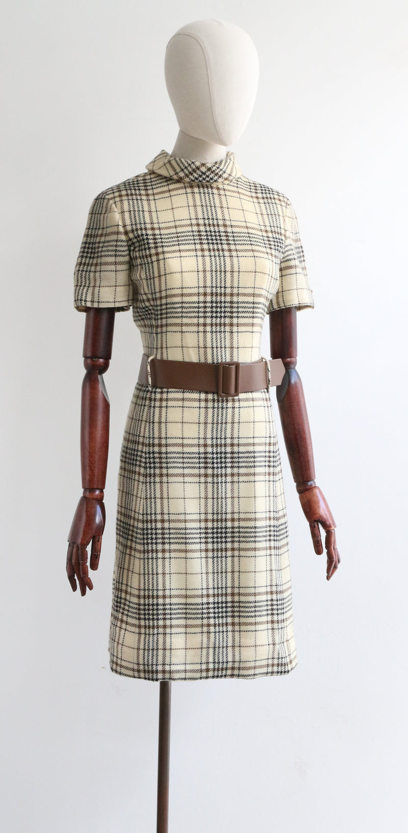 "Wool Check" Vintage 1960's Cream Wool Check Dress UK 12 US 8