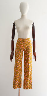 "Floral Views" Vintage 1960's Daisy Print Cotton Trousers UK 8-10 US 4-6