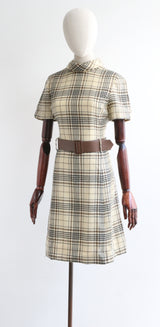 "Wool Check" Vintage 1960's Cream Wool Check Dress UK 12 US 8