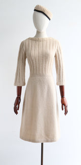 "Barley White Knit" Vintage 1960's Cream Knitted Dress & Matching Hat UK 10 US 6