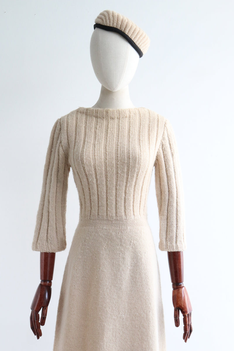 "Barley White Knit" Vintage 1960's Cream Knitted Dress & Matching Hat UK 10 US 6