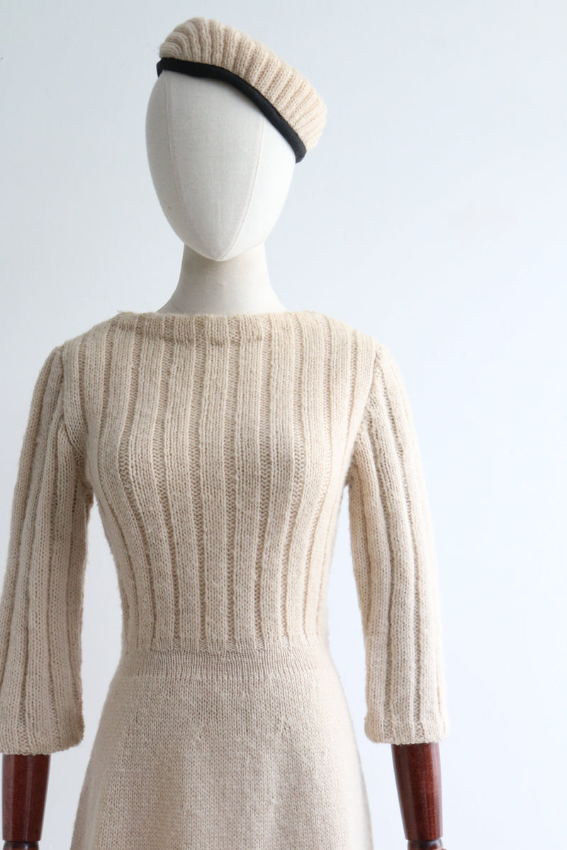 "Barley White Knit" Vintage 1960's Cream Knitted Dress & Matching Hat UK 10 US 6
