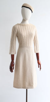 "Barley White Knit" Vintage 1960's Cream Knitted Dress & Matching Hat UK 10 US 6