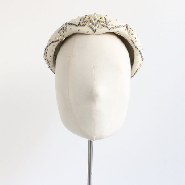 "Pearlescent Leaves" Vintage 1950's Cream Felt Beaded Hat