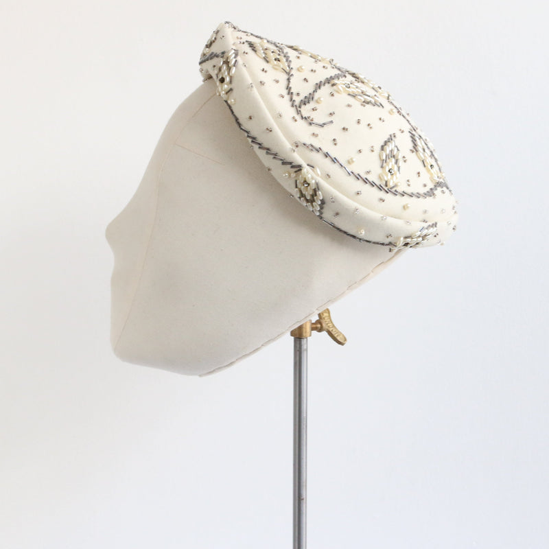 "Pearlescent Leaves" Vintage 1950's Cream Felt Beaded Hat