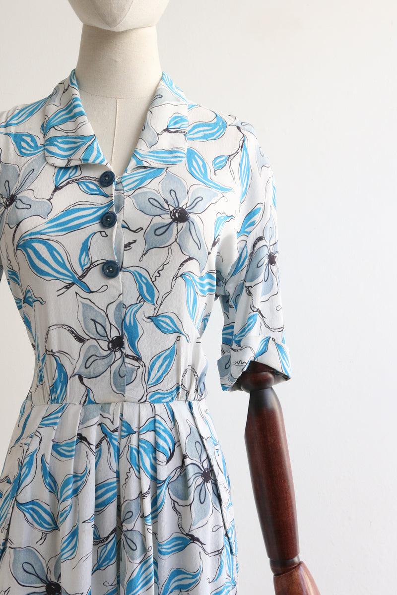 "Sky Blue Florals" Vintage 1940's Crepe Silk Floral Dress UK 12 US 8