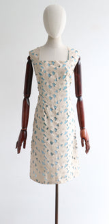 "Floral Embroidery Overlay" Vintage 1960's Stone & Sky Blue Floral Embroidery Dress UK 12-14 US 8-10
