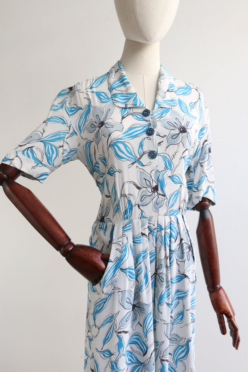 "Sky Blue Florals" Vintage 1940's Crepe Silk Floral Dress UK 12 US 8