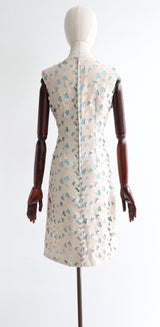 "Floral Embroidery Overlay" Vintage 1960's Stone & Sky Blue Floral Embroidery Dress UK 12-14 US 8-10