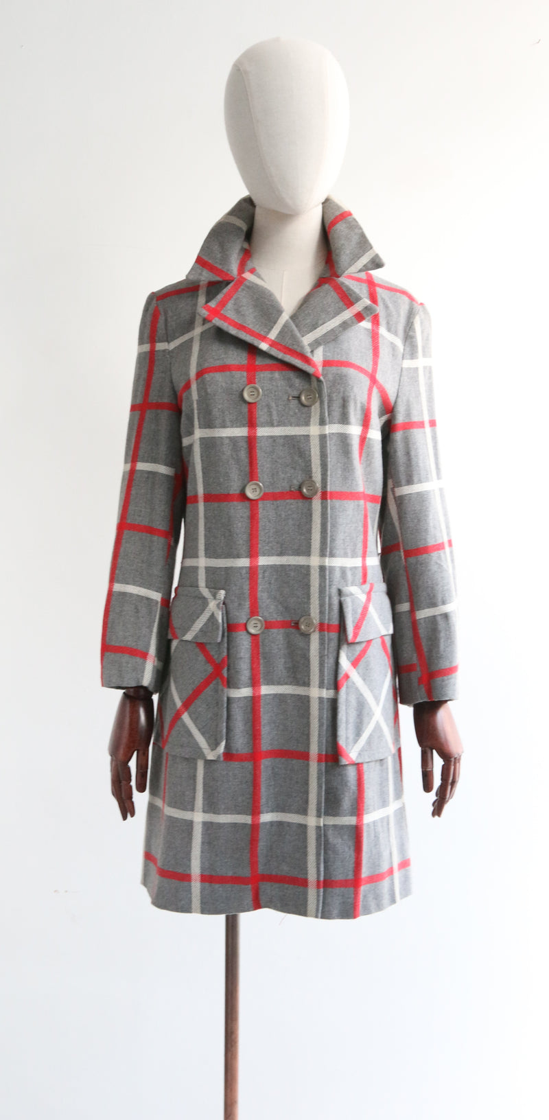 "Red & Grey Plaid" Vintage 1960's Lightweight Wool Plaid Coat UK 12 US 8