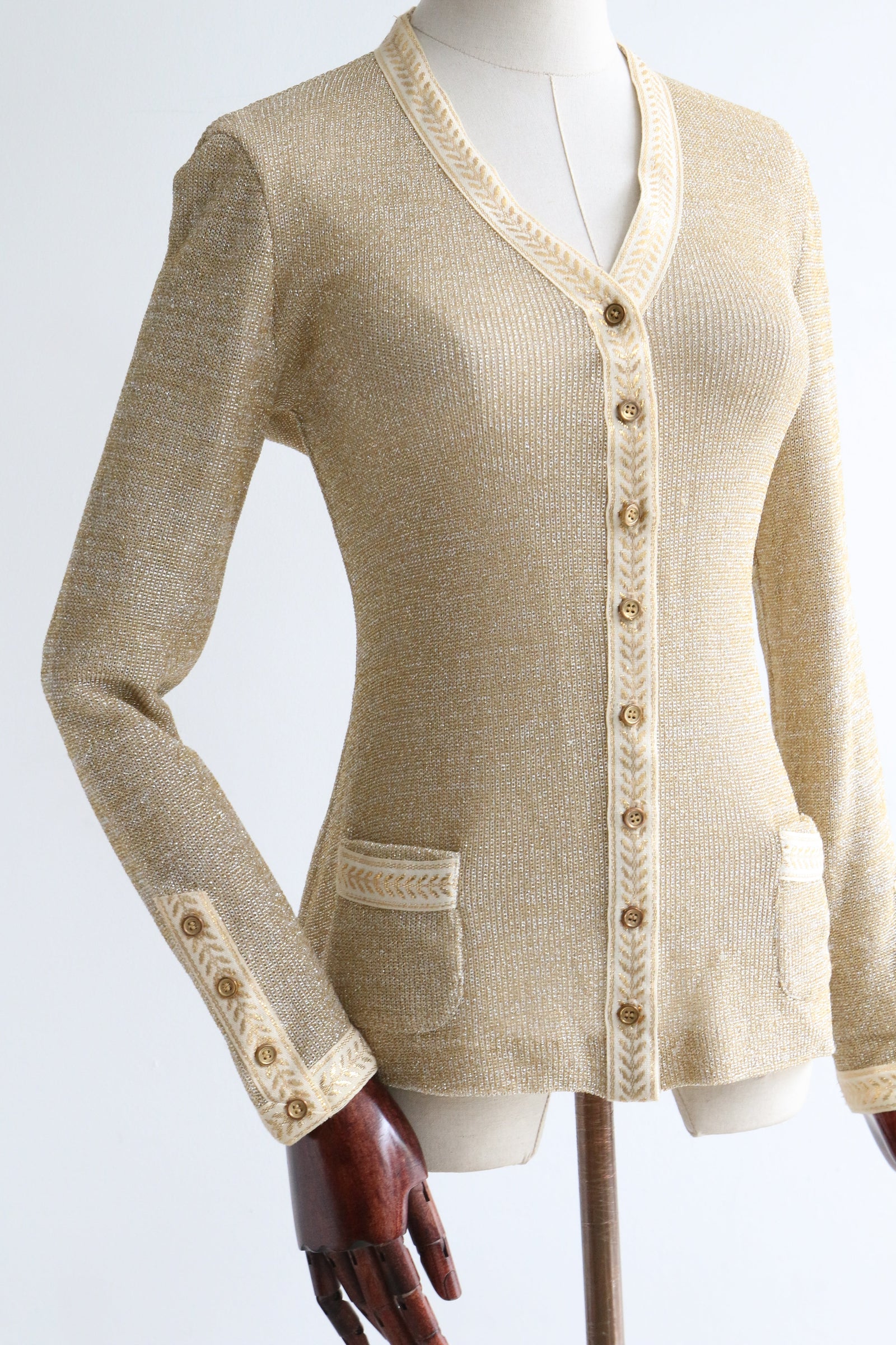 トップス GOLDEN  KNIT CARDIGAN Joseph Ribkoff Open-Knit Cardigan with Gold Flecks – Close