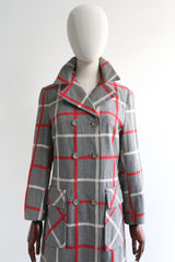 "Red & Grey Plaid" Vintage 1960's Lightweight Wool Plaid Coat UK 12 US 8