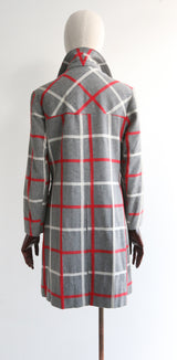 "Red & Grey Plaid" Vintage 1960's Lightweight Wool Plaid Coat UK 12 US 8