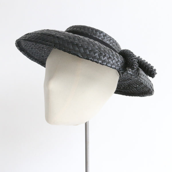 "Woven Straw" Vintage 1940's Black Woven Wide Brim Saucer Hat