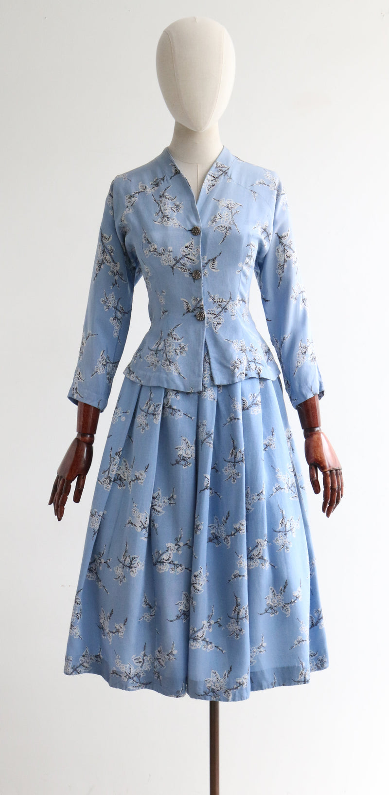 "Delphinium Blue Blossoms" Vintage 1950's Delphinium Blue Floral Skirt & Jacket Set UK 6 US 2